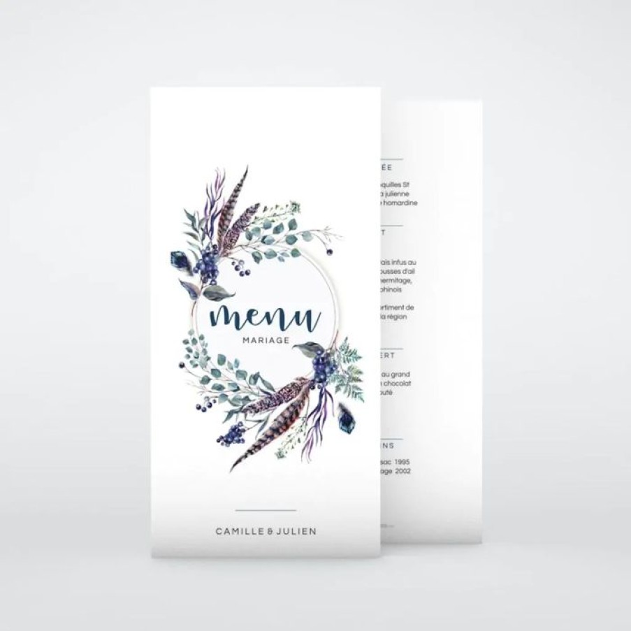 Online Planet cards Menu De Mariage Feuilles Et Plumes En Couronne